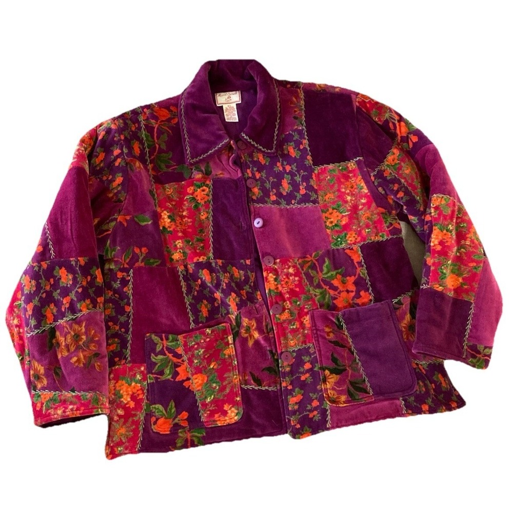 VTG April Cornell Patchwork Velvet Jacket Women's Sz L Purple 90s Boho Gypsy